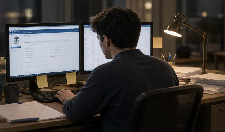 An analyst typing a number from a portal into a spreadsheet, late at night